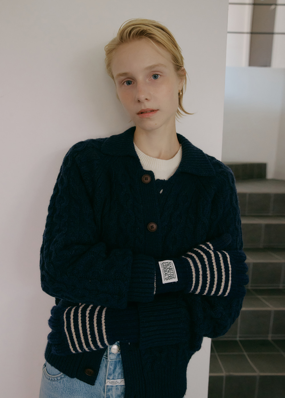 CABLE COLLAR CARDIGAN navy